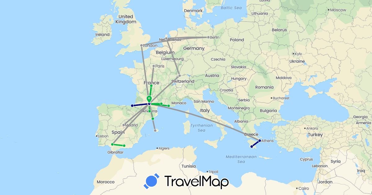 TravelMap itinerary: driving, bus, plane in Andorra, Switzerland, Germany, Spain, France, United Kingdom, Greece, Netherlands (Europe)
